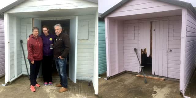 Beach hut leaseholders. from left  Chris Pitman, Patricia Ellam-Speed and Paul Becke, and, right, a  damaged hut
