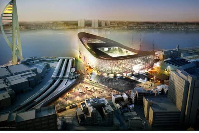 An artists impression of Pompey's proposed stadium to be build at The Hard
