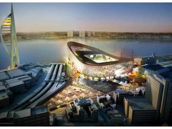 An artists impression of Pompey's proposed stadium to be build at The Hard