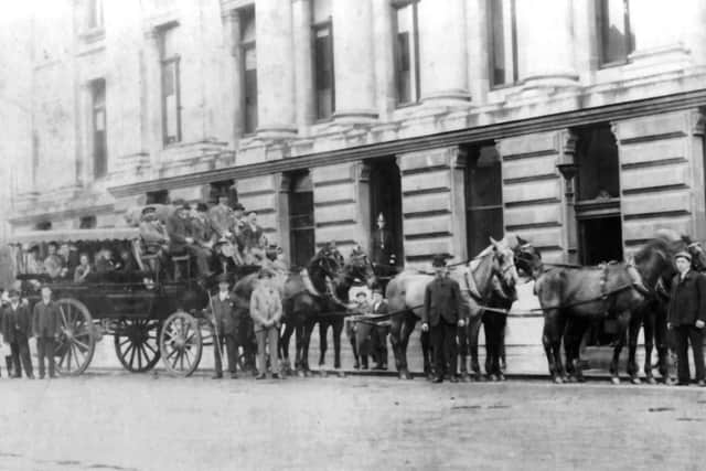 Not a Western stagecoach but a wagonette drawn by six horses outside what we now know as Portsmouth Guildhall.  Picture: Barry Cox Collection
