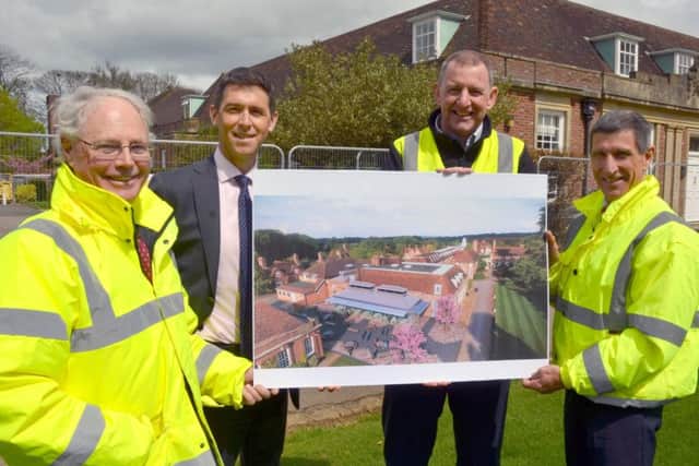 Architect Rollo Malcom-Green, Headmaster Adam Williams, Amiri Director Mark Vincent and College Bursar Richard Gammage with an image of the new catering facility.