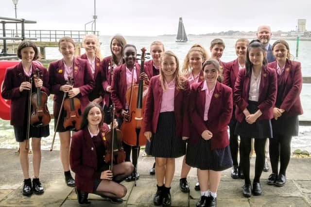 Portsmouth High School  music scholars take a break from rehearsals outside the Square Tower, Portsmouth