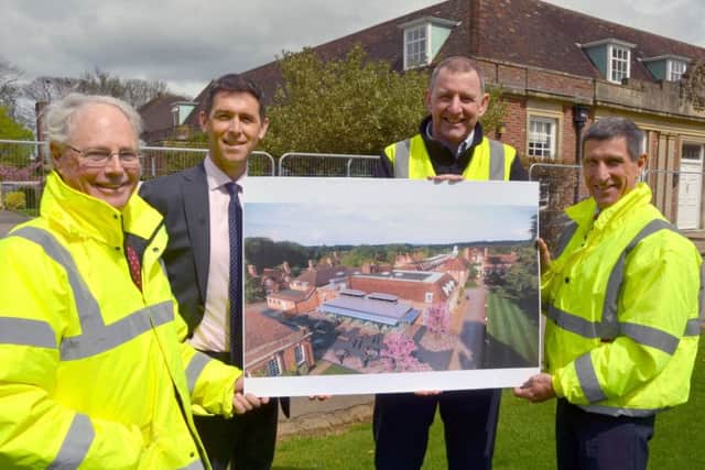 New Â£3.5m Catering Facilties for Top Hampshire Independent School(from left)  Architect Rollo Malcolm-Green, Headmaster Adam Williams, Amiri Director Mark Vincent and College Bursar Richard Gammage with image of the new catering facility.