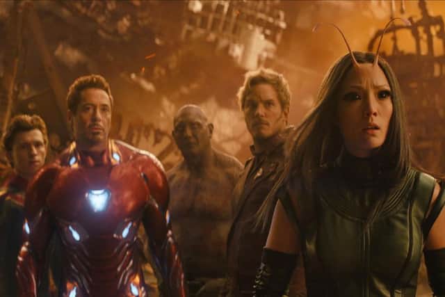 Tom Holland as Spider-Man/ Peter Parker, Robert Downey Jr. as Iron Man/Tony Stark, Dave Bautista as Drax, Chris Pratt as Star-Lord/Peter Quill and Pom Klementieff as Mantis.