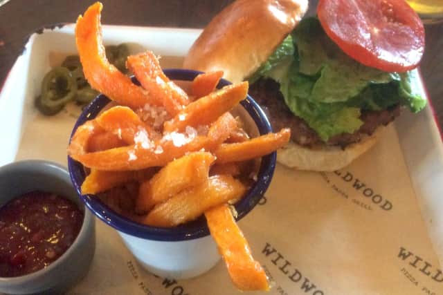 Wild boar and chorizo burger with sweet potato fries