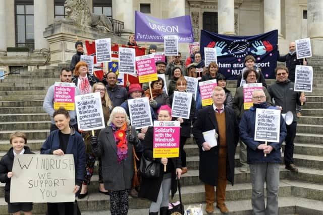 Simon Magorian led a gathering in Guildhall Square to support the enormous contribution the 'Windrush Generation'  have made to Britain since their arrival

Picture by Malcolm Wells (180430-6432)