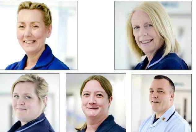 Clockwise from top left, Karen Dine, Megan Morris, Andy Gillon, Claire Roberts and Holly Compton, nominees at the Portsmouth Hospitals Nurse of the Year Awards next month