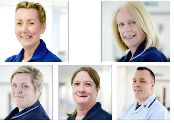 Clockwise from top left, Karen Dine, Megan Morris, Andy Gillon, Claire Roberts and Holly Compton, nominees at the Portsmouth Hospitals Nurse of the Year Awards next month