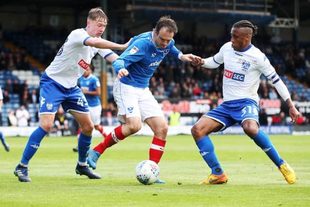 Pompey's Brett Pitman in their defeat against Bury this afternoon. Picture: Joe Pepler
