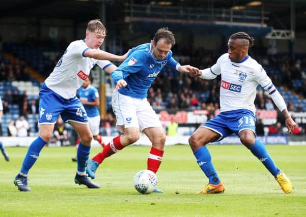 Pompey's Brett Pitman in their defeat against Bury this afternoon. Picture: Joe Pepler