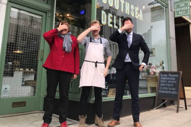 Stephen Morgan MP, Daniel Nowland, owner of Southsea Deli, and local shopper Judith Symth