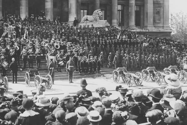 The steps of what is now the Guildhall, Portsmouth, crowded with cadet musicians on Empire Day, May 24, 1909.