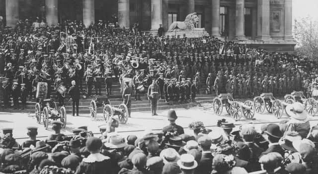 The steps of what is now the Guildhall, Portsmouth, crowded with cadet musicians on Empire Day, May 24, 1909.
