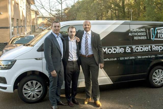 WeFix founder Oliver Murphy (centre) with Onecom owners Darren Ridge (left) and  Aaron Brown