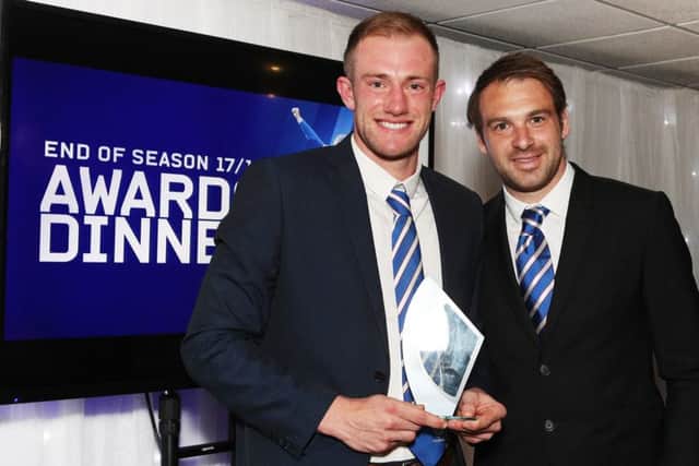 Matt Clarke collects his Players' Player of the Season award from Brett Pitman. Picture: Joe Pepler/ PinPep