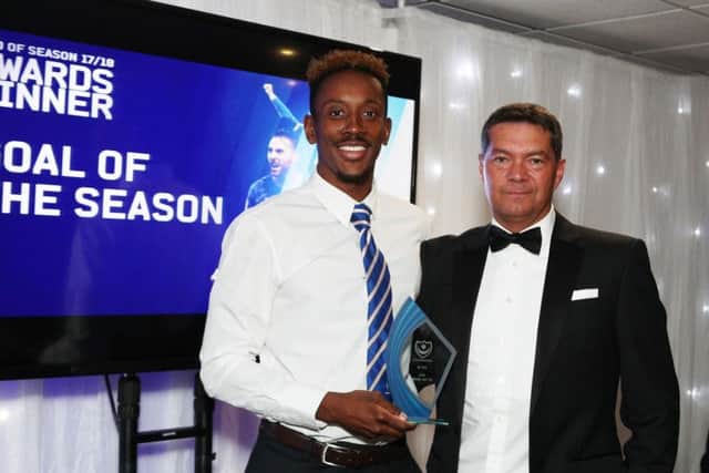 Jamal Lowe, accepts his Goal of the Season award off Mark Catlin. Picture: Joe Pepler/ PinPep