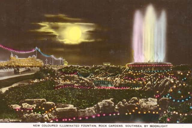 The newly-installed illuminated and coloured fountain at The Rock Gardens, Southsea, in the 1930s.