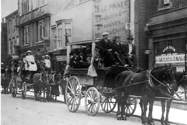 jpns-07-05-18-032 rwWaggonettes in Havant West Street.I hope it didnt rain in their parade with these open to the elements waggonettes in West Street, Havant. Picture: Ralph Cousins collection.