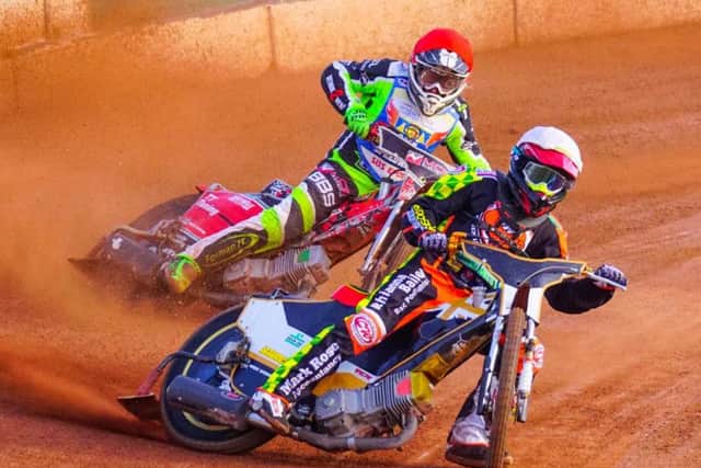 Wightlink Warriors' Josh Bailey, left, and Mark Baseby (Mildenhall Fen Tigers) compete at the Andrew Younie Stadium