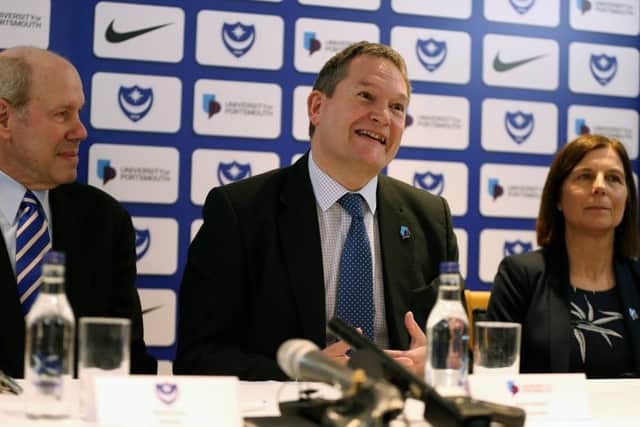 From left, Portsmouth owner and chairman Michael Eisner, vice-chancellor of the University of Portsmouth Prof Graham Galbraith and the university's chief operating officer Bernie Topham Picture: Chris Moorhouse