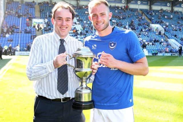 Pompey chief reporter Neil Allen with The News/Sports Mail Player of the Year 2017/18 winner Matt Clarke. Picture: Joe Pepler