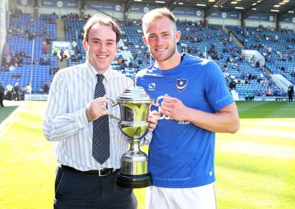 Pompey chief reporter Neil Allen with The News/Sports Mail Player of the Year 2017/18 winner Matt Clarke. Picture: Joe Pepler