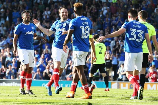 Pompey celebrate after scoring against Peterborough. Picture: Joe Pepler