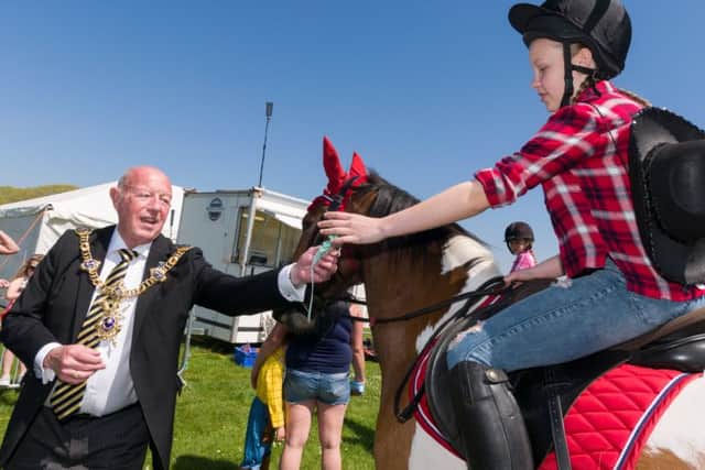 Councillor Ken Ellcome, Lord Mayor of Portsmouth, awards a rossette to Libby Graves and 'Tango'
Picture: Duncan Shepherd (180350-026)