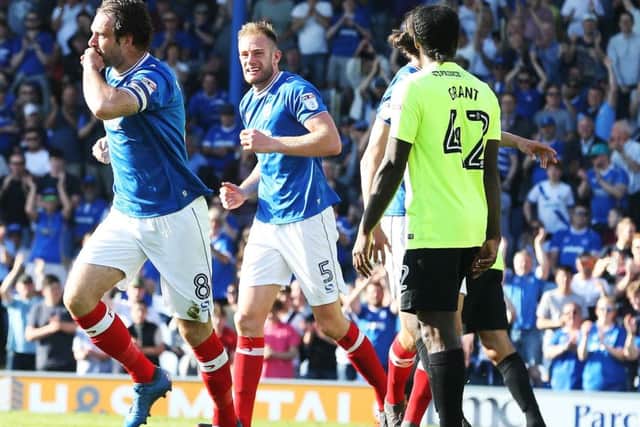 Brett Pitman celebrates his goal against Peterborough. Picture: Joe Pepler