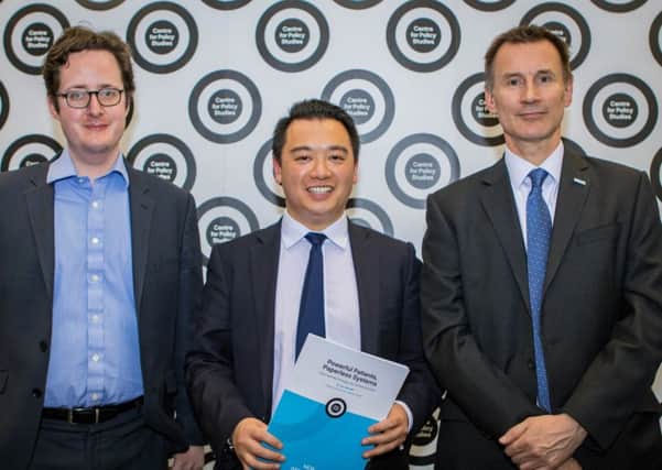 Alan Mak MP, centre, Centre for Policy Studies director Robert Colvile, left, and with Jeremy Hunt, right