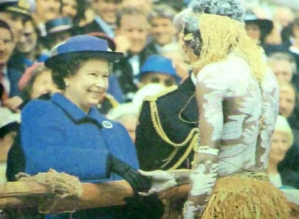 Retro 12 may 2018

Bararroga - The Queen accepts the gift of mimi stick from one of the Aboriginal dancers