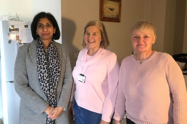 Fareham MP Suella Braverman with Cllr Katrina Trott and Furze Court resident Cllr Sarah Pankhurst Picture: Joshua Gray