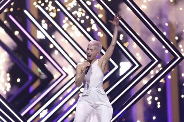 SuRie from Great Britain performs Storm in Lisbon during a dress rehearsal for the Eurovision Song Contest Picture: AP Photo/Armando Franca