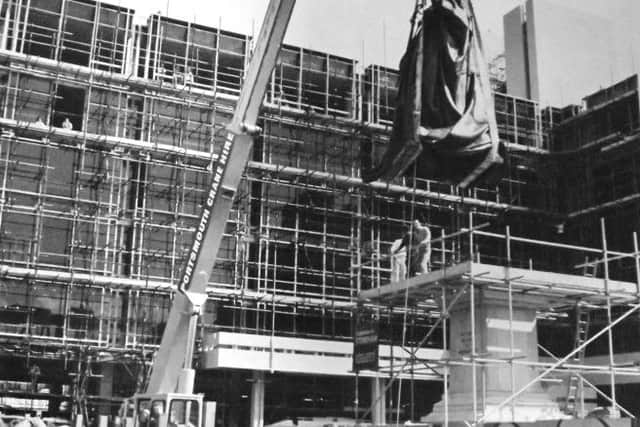 Queen Victorias statue being moved 100 yards to her present position in Guildhall Square in the early 1970s.