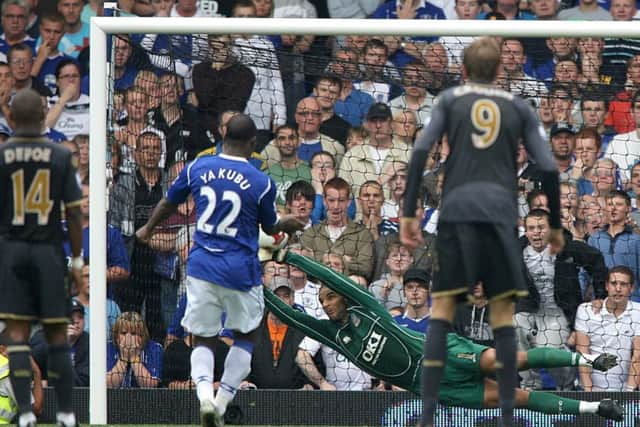 David James saves a penalty from Everton's former Pompey striker Yakubu during the 2008-09 season