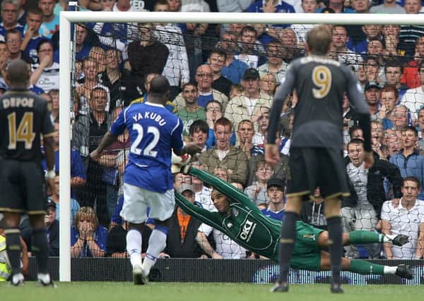 David James saves a penalty from Everton's former Pompey striker Yakubu during the 2008-09 season