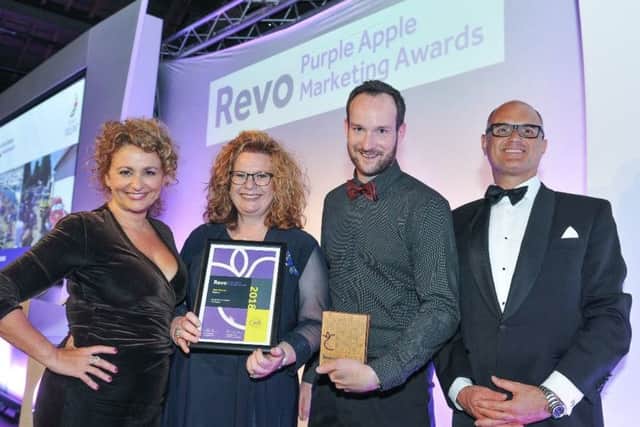 From left - Awards Presenter, Nadia Sawalha; Lisa Fowler; Gareth Miller; Revo Board President, Mark Williams