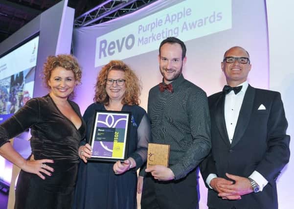 From left - Awards Presenter, Nadia Sawalha; Lisa Fowler; Gareth Miller; Revo Board President, Mark Williams