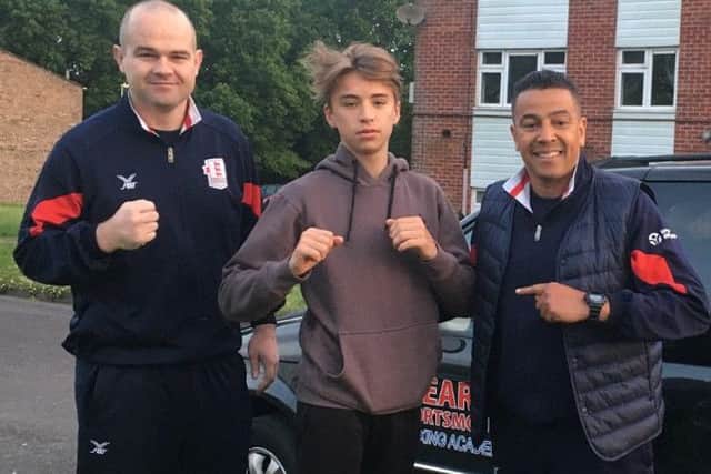Sonny Driscoll, centre, with Heart of Portsmouth coaches Dave Johnston, left, and Q Shillingford