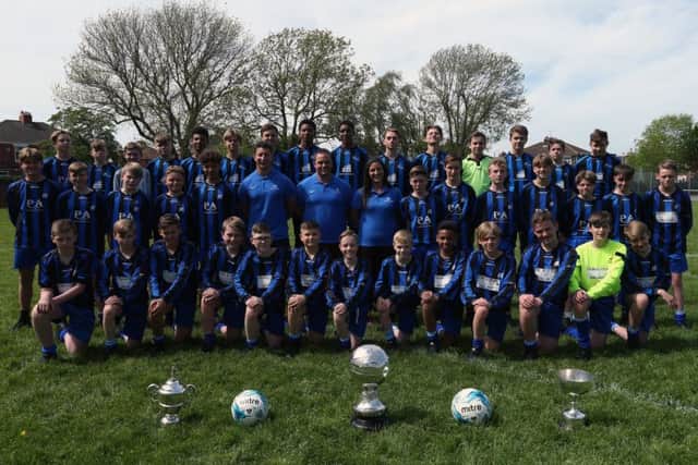 The under 13, under 14 and under 15 football teams and their coaches, Mayfield School, Copnor Picture: Chris Moorhouse