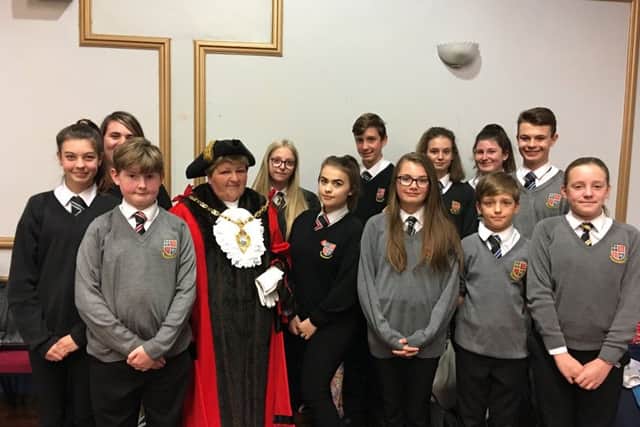 The new Mayor of Gosport, Cllr Diane Furlong, with students from Brune Park Community School