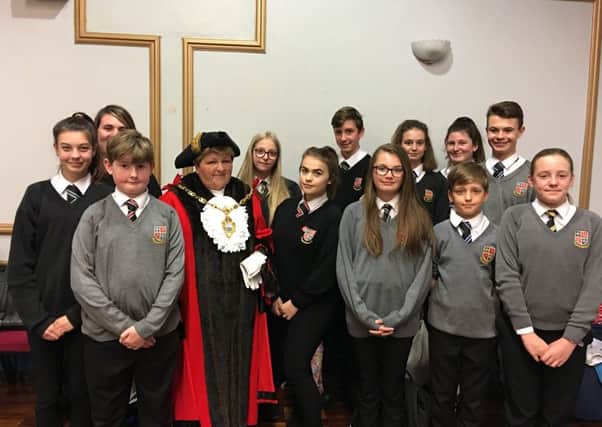 The new Mayor of Gosport, Cllr Diane Furlong, with students from Brune Park Community School