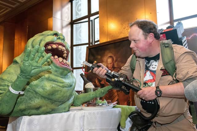 Lee Kiddie dressed as a Ghostbuster at Guildhall Comic Con