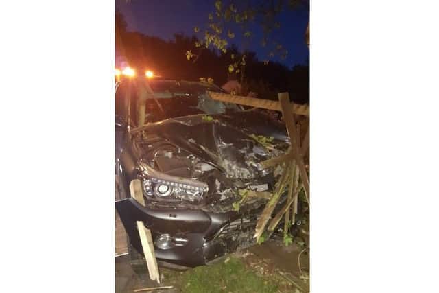 The truck after the crash, which had its bumper and the passenger side of its windscreen punctured by a fence post. Picture: Tina Henley