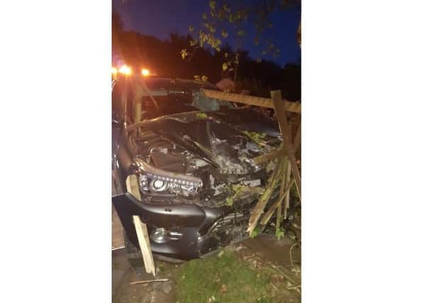 The truck after the crash, which had its bumper and the passenger side of its windscreen punctured by a fence post. Picture: Tina Henley