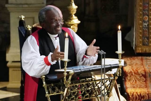The Most Rev Bishop Michael Curry gives an address during the wedding of Prince Harry and Meghan Markle  CREDIT:  Owen Humphreys/PA Wire