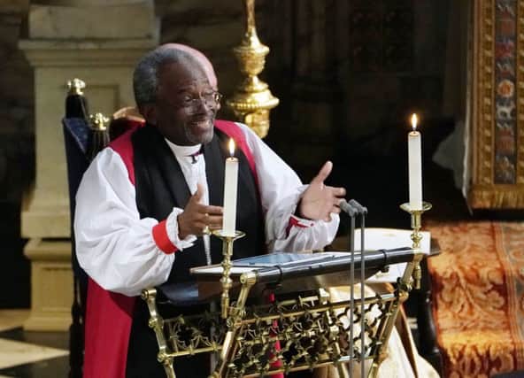 The Most Rev Bishop Michael Curry gives an address during the wedding of Prince Harry and Meghan Markle  CREDIT:  Owen Humphreys/PA Wire