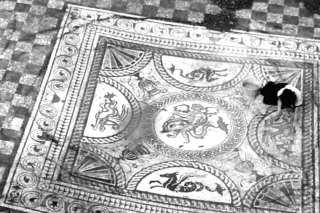 Fishbourne Roman palace first discovered waterboard workmen  Here we see a mosaic at the Roman palace at Fishbourne being cleaned by an archeologist. Picture: Portsmouth Water.