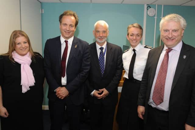 Portsmouth Conservative group leader Donna Jones, police minister Nick Hurd, Hampshire police and crime commissioner Michael Lane, Hampshire chief constable Olivia Pinkney and Portsmouth city council leader Gerald Vernon-Jackson
Picture: Malcolm Wells (180524-0106)