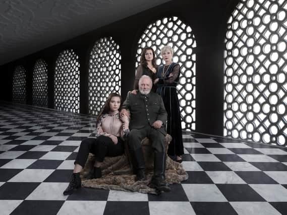 Cordelia (FLORENCE PUGH), King Lear (SIR ANTHONY HOPKINS), Goneril (EMMA THOMPSON), Regan (EMILY WATSON) - (C) Playground Entertainment - Photographer: Ed Miller